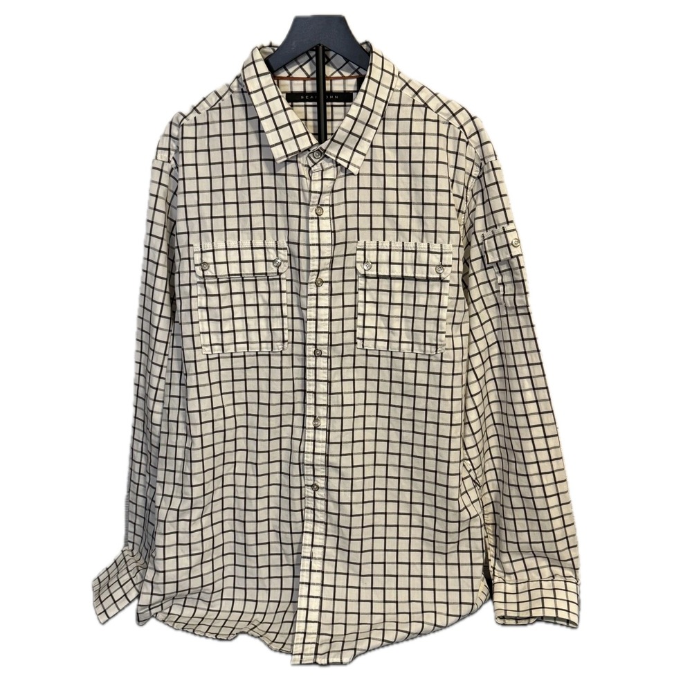 Sean John Men's 4X Black White‎ Plaid Button Shirt Pearl Button Hip Hop Style